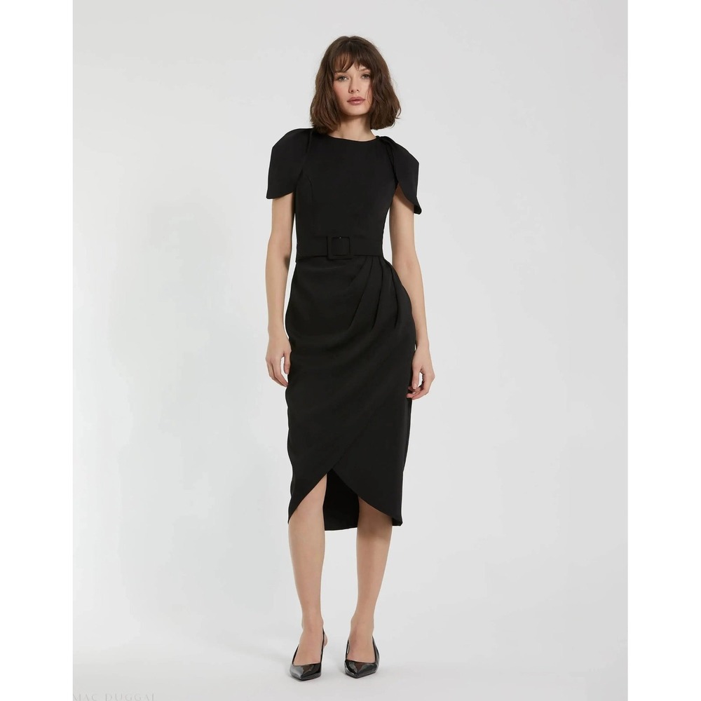 Mac Duggal Black Cap Sleeve Midi Dress Evening Formal Size 10 *BELT NOT INCLUDED